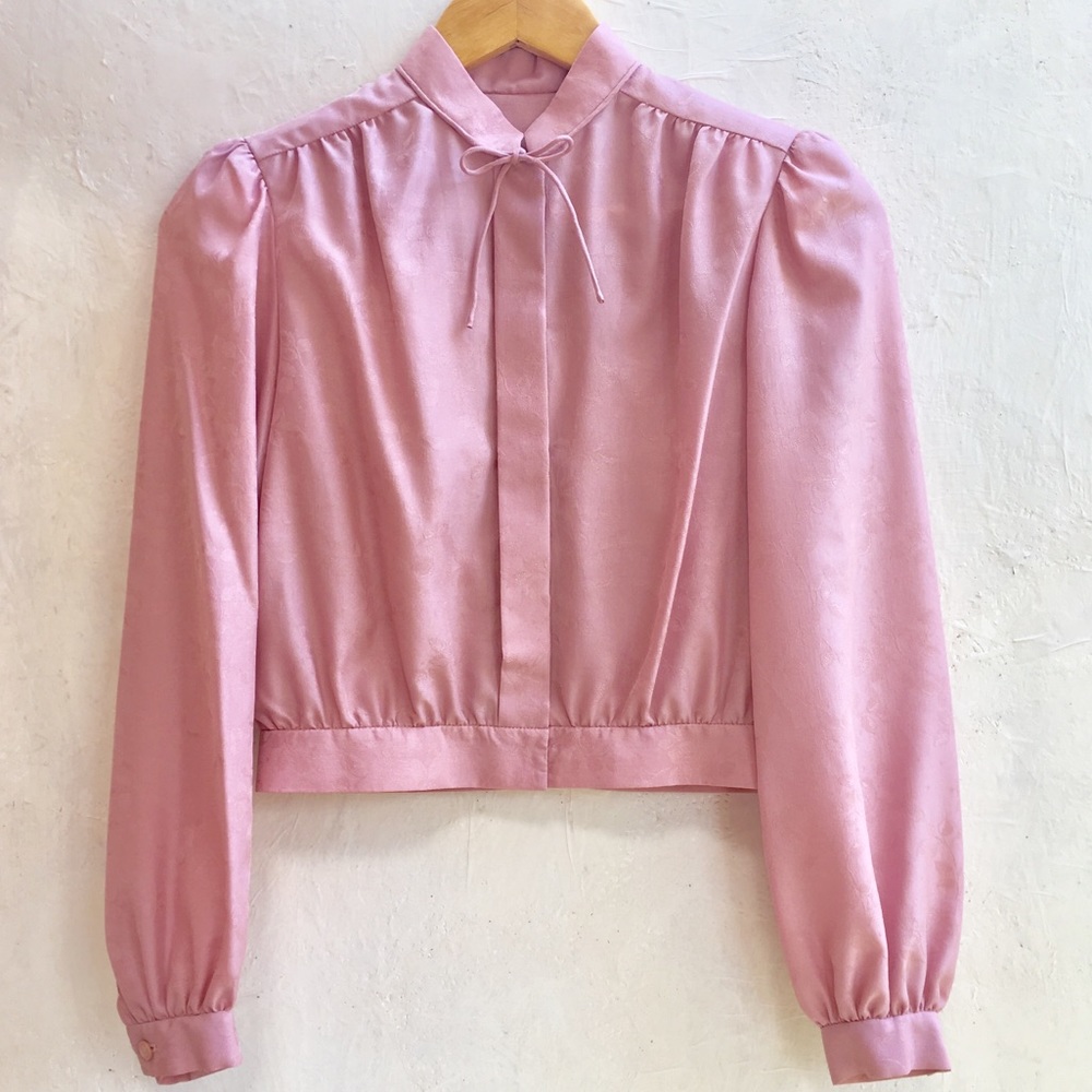Vintage 80s Pink Button Top Tie Jacket Puff Sleeve